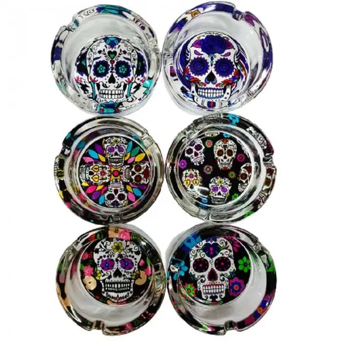 Cenicero Pequeño Cristal Redondo Calaveras Mexicanas (6 Diseños)